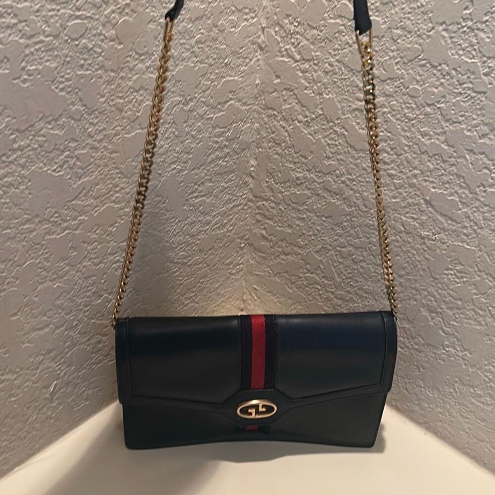 Vintage Gucci Sherry Shoulder Bag Clutch Blue Leather Red Ribbon Old Money Prep
